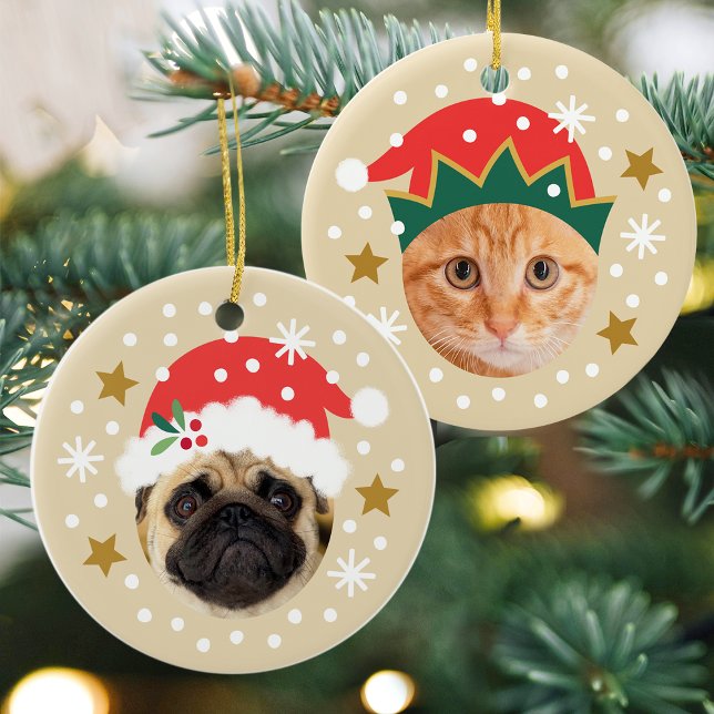 Christmas Custom Photo Cute Santa Elf Funny Beige Ceramic Tree Decoration (Creator Uploaded)