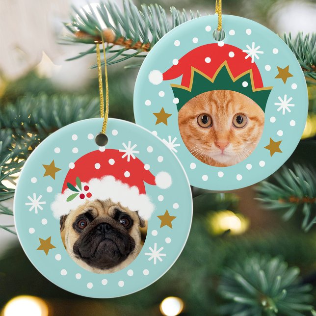 Christmas Custom Photo Cute Santa Elf Funny Blue Ceramic Tree Decoration (Creator Uploaded)