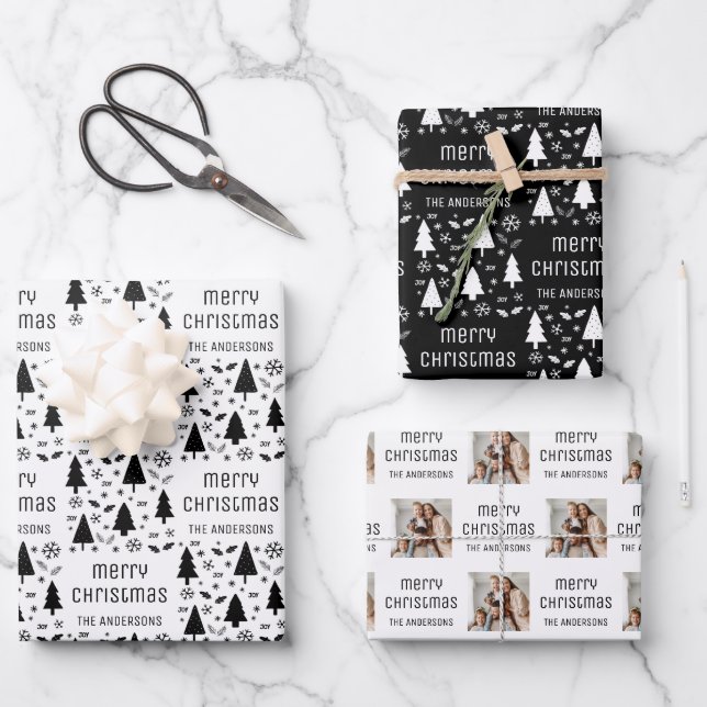 Christmas Custom Photo Family Name Black White Wrapping Paper Sheet (Front)
