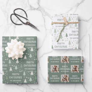 Christmas Custom Photo Family Name Sage Green Wrapping Paper Sheet