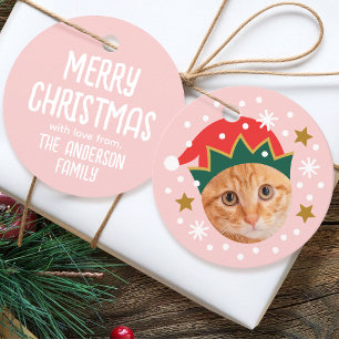 Christmas Custom Photo Name Funny Elf Pink Gift Favour Tags