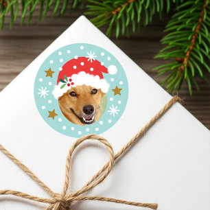 Christmas Custom Photo Santa Hat Funny Blue Classic Round Sticker