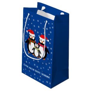 Christmas custom text penguins blue small gift bag