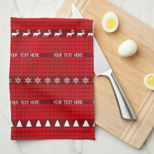 Christmas Custom Text Red White Knitted Sweater Tea Towel