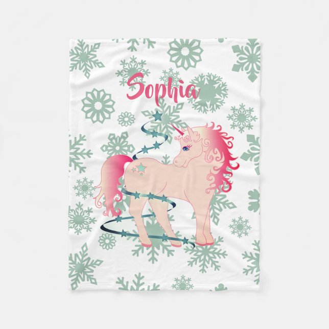 Christmas Custom Unicorn  Girl  Snowflake Fleece Blanket (Front)