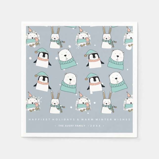 Christmas Cute Animals Cartoon style Personalised Napkin (Front)