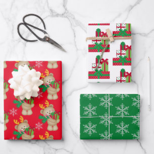 Christmas Cute Bear Holiday Present Snowflake Wrapping Paper Sheet