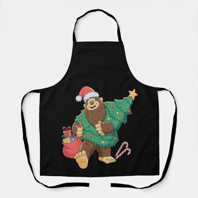 Christmas Cute Bigfoot Sasquatch Xmas Tree Lights Apron (Front)