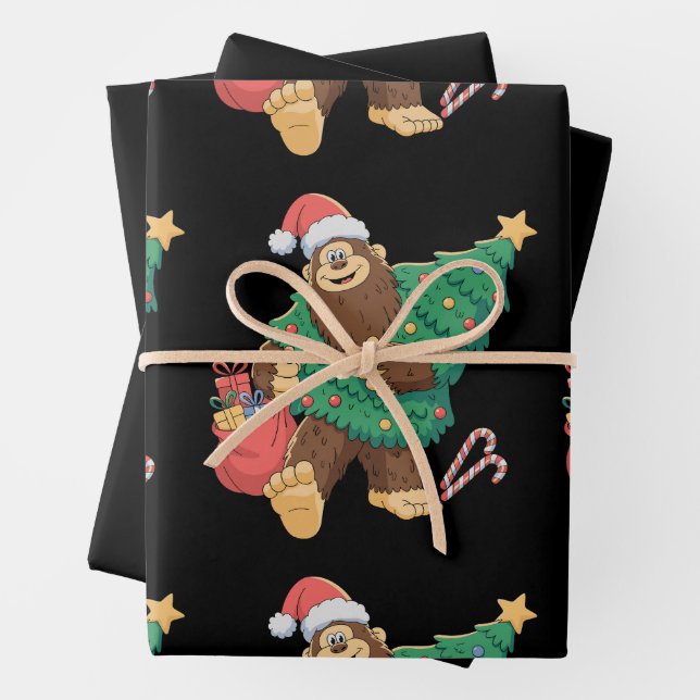 Christmas Cute Bigfoot Sasquatch Xmas Tree Lights Wrapping Paper Sheet (In situ)