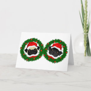 Christmas Cute Black Pug and Fawn Pug Santa Holiday Card