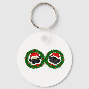 Christmas Cute Black Pug and Fawn Pug Santa Key Ring