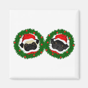 Christmas Cute Black Pug and Fawn Pug Santa Magnet