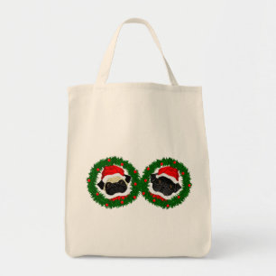 Christmas Cute Black Pug and Fawn Pug Santa Tote Bag