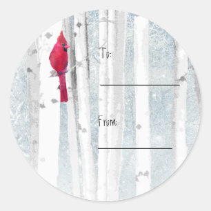 Christmas Cute Cardinal Red Bird Birch Tree Forest Classic Round Sticker