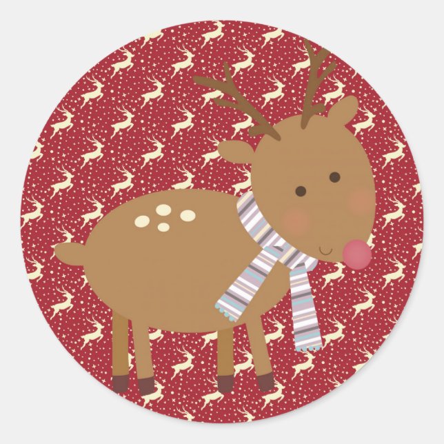 Christmas Cute Cartoon Rudolph Reindeer Classic Round Sticker (Front)