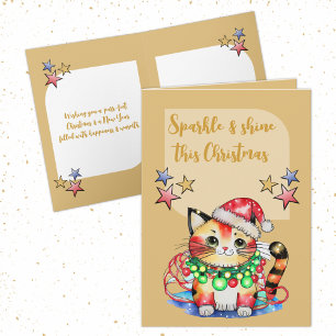 Christmas cute cat stars gold holiday card