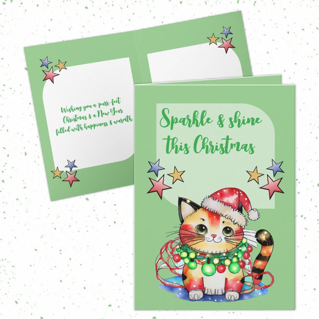 Christmas cute cat stars green holiday card (Creator Uploaded)