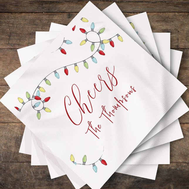 Christmas Cute Cheers Colourful String Lights  Napkin (Cheers, Cute Christmas Holiday Lights Calligraphy Script.)