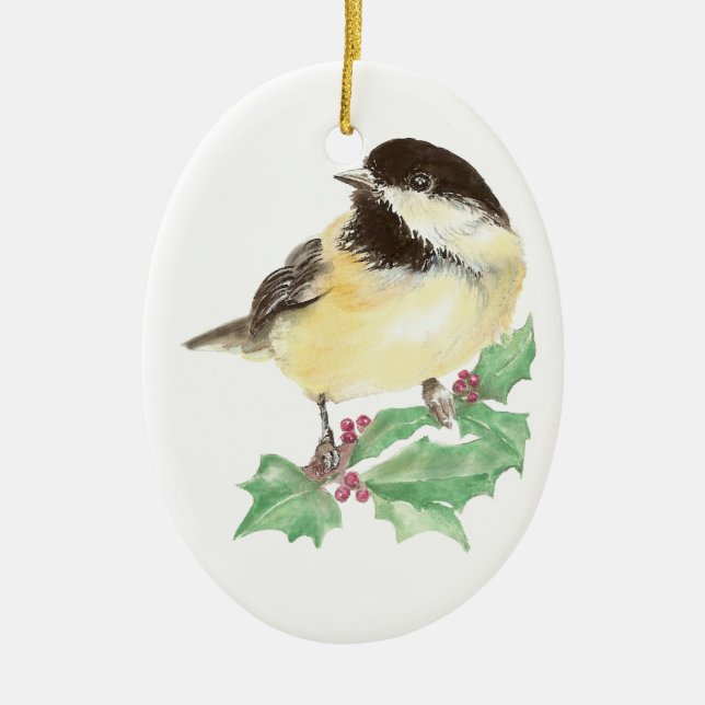 Christmas Cute Chickadee, Bird, Holly Wildlife Ceramic Tree Decoration (Front)