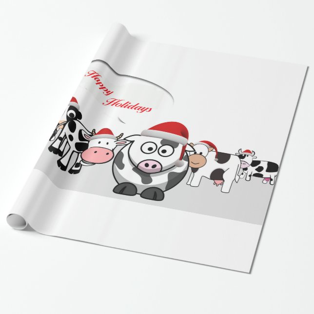 Christmas Cute Cows Happy Holidays Wrapping Paper (Unrolled)