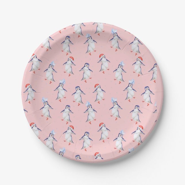 Christmas Cute Dancing Penguins Pattern  Paper Plate (Front)