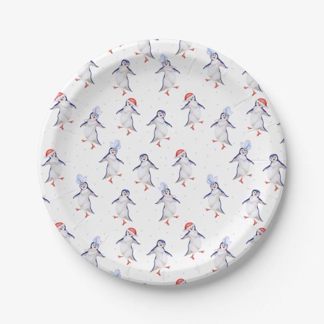 Christmas Cute Dancing Penguins Pattern Paper Plate (Front)