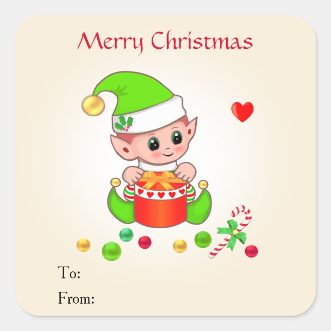 Christmas Cute Elf on Beige for Gifts & Favours Square Sticker (Front)