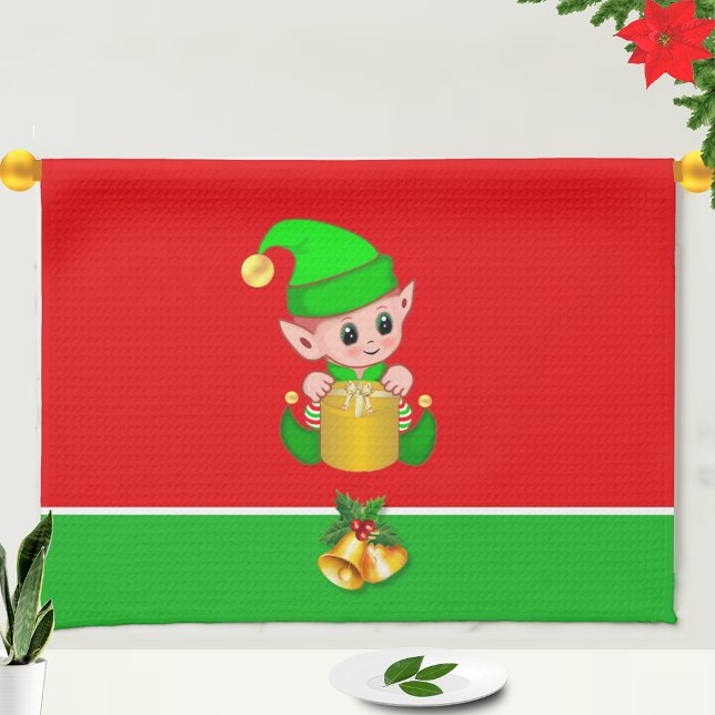 Christmas Cute Elf on Green and Red Tea Towel (Creator Uploaded)