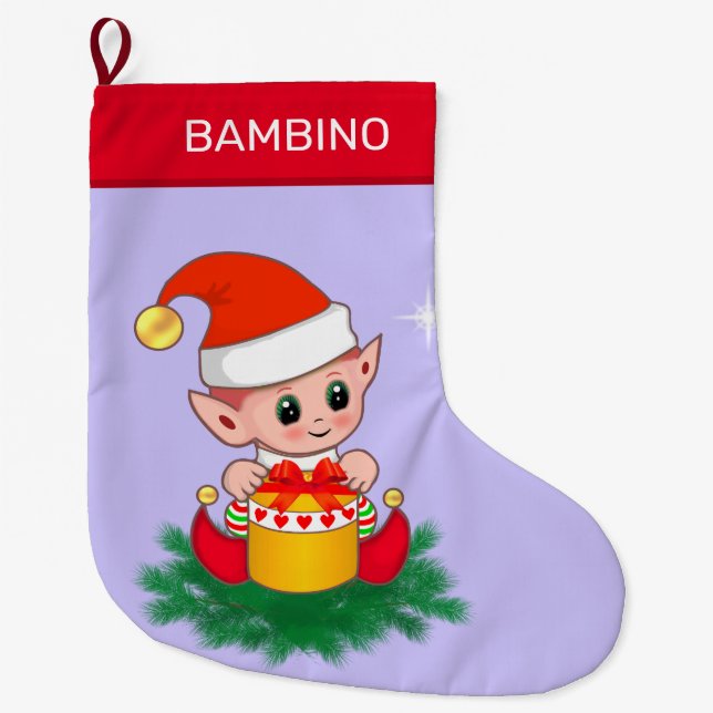 Christmas cute elf on periwinkle blue large christmas stocking (Front)