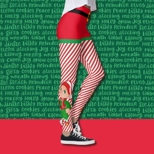 Christmas Cute Elf Women's Red & Green Stripe Leggings