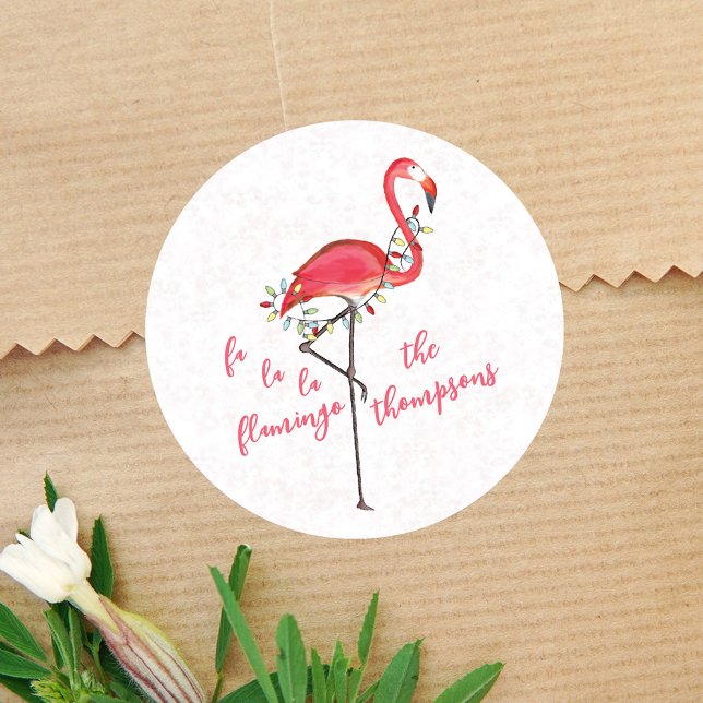Christmas Cute Festive Flamingo String Lights  Classic Round Sticker (Pink Flamingo Cute custom gift tag.)