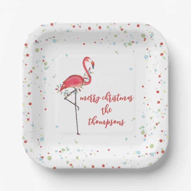 Christmas Cute Festive Flamingo String Lights Paper Plate (Front)