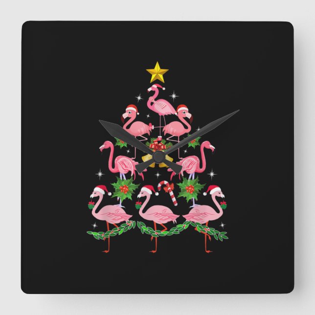 Christmas - Cute Flamingo Christmas Tree Square Wall Clock (Front)