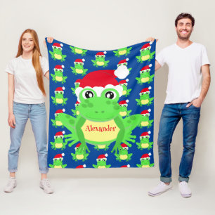 Christmas Cute Frog Santa Hat Blue Novelty Fleece Blanket