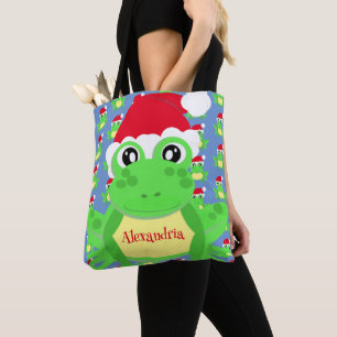 Christmas Cute Frog Santa Hat Blue Novelty Tote Bag