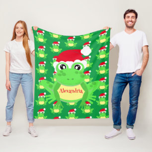 Christmas Cute Frog Santa Hat Green Novelty Fleece Blanket
