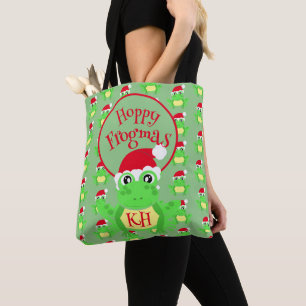 Christmas Cute Frog Santa Hat Green Novelty Tote Bag