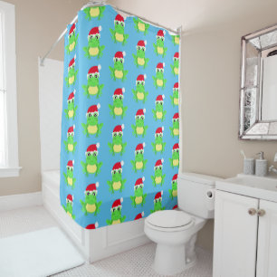 Christmas Cute Frog Santa Hat Pattern Blue Shower Curtain