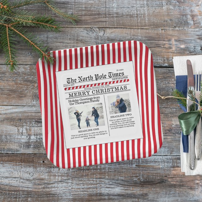Christmas Cute Funny Photo Whimsical Newspaper Paper Plate (The North Pole Time whimsical photo custom Square paper plate. With whimsical stripes. )