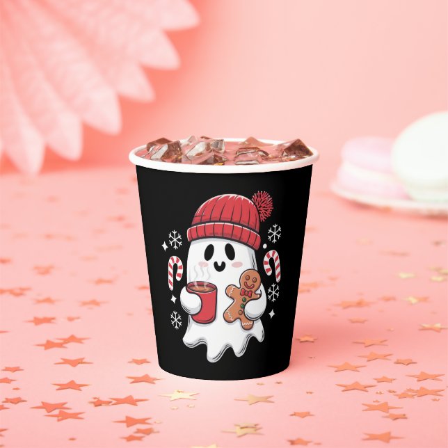 Christmas Cute Ghost Iced Coffee Retro Xmas Coffee Paper Cups (Insitu)