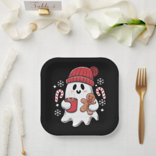 Christmas Cute Ghost Iced Coffee Retro Xmas Coffee Paper Plate