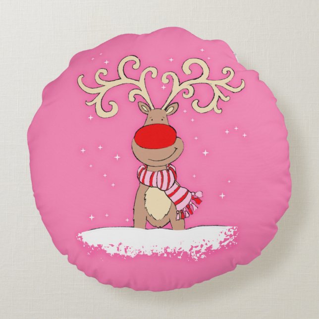 Christmas cute girls pink reindeer round pillow (Back)