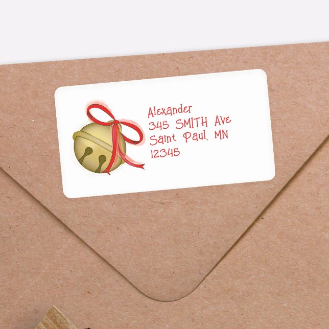 Christmas Cute Gold Jingle Bells Red Ribbon Label (Red and gold christmas return address template. )