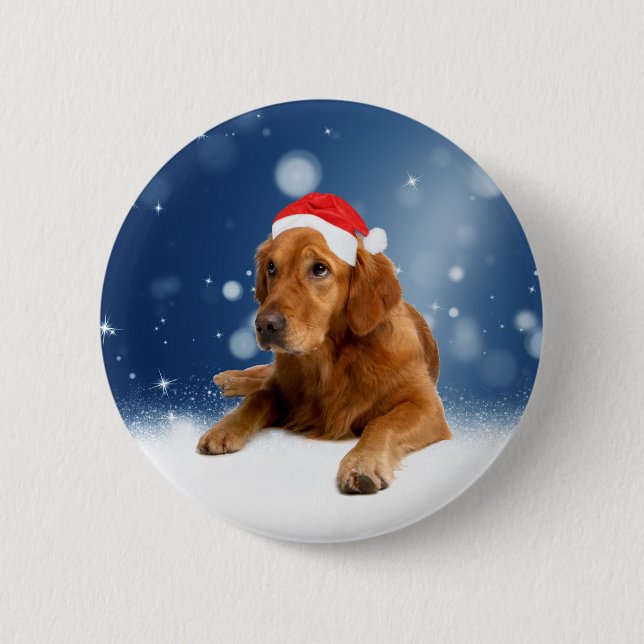 Christmas Cute Golden Retriever Dog Santa Hat Snow 6 Cm Round Badge (Front)