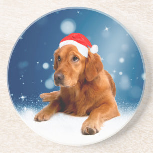 Christmas Cute Golden Retriever Dog Santa Hat Snow Coaster