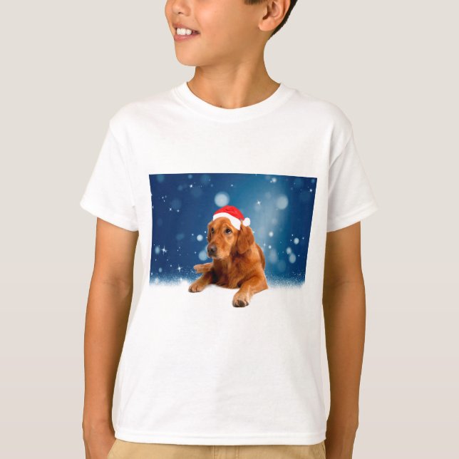 Christmas Cute Golden Retriever Dog Santa Hat Snow T-Shirt (Front)