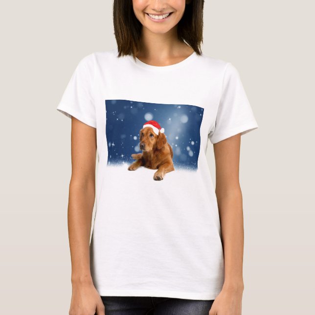Christmas Cute Golden Retriever Dog Santa Hat Snow T-Shirt (Front)