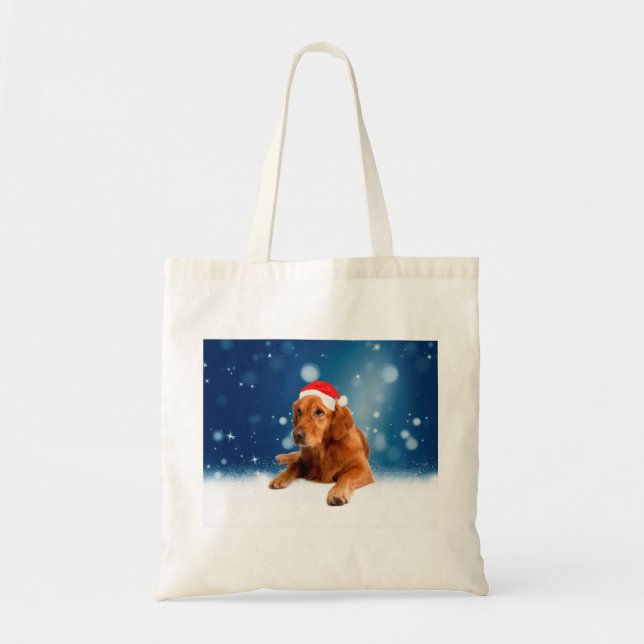 Christmas Cute Golden Retriever Dog Santa Hat Snow Tote Bag (Front)