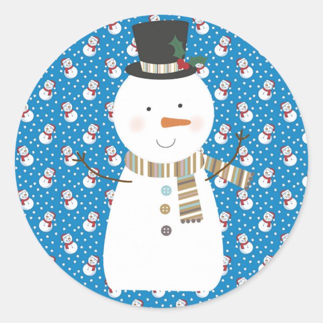 Christmas Cute Happy Cartoon Snowman Classic Round Sticker (Front)