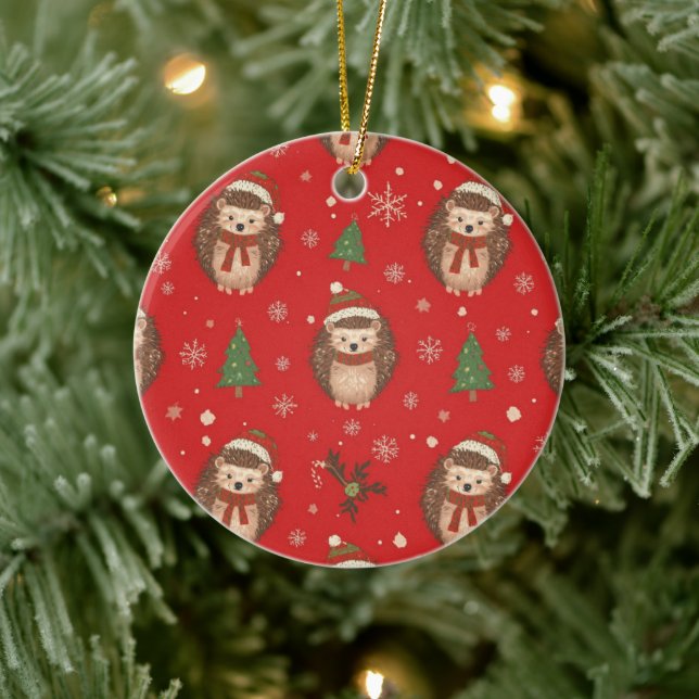 Christmas Cute Hedgehogs Pattern Red Green Ceramic Tree Decoration (Tree)